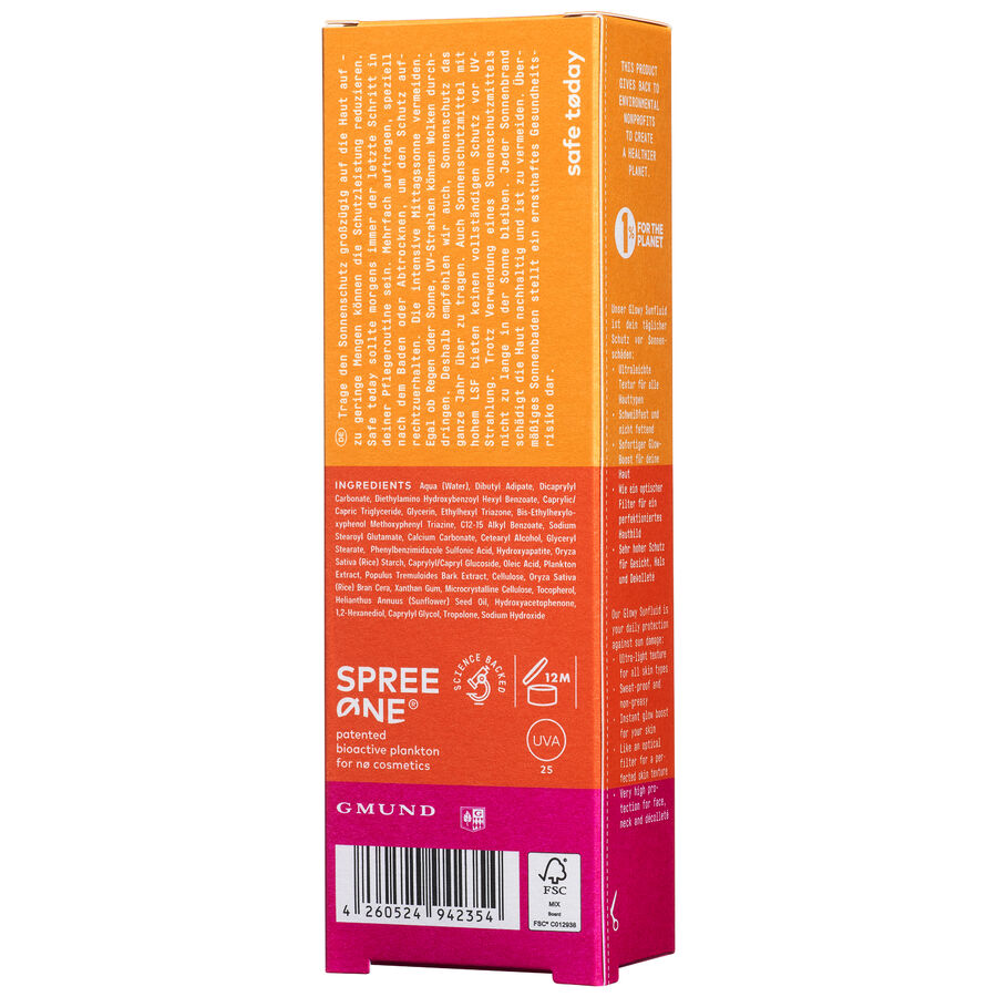 Bunte Verpackung des No Cosmetics Glowy Sunfluid LSF50, 50ml, stehend auf weißem Hintergrund