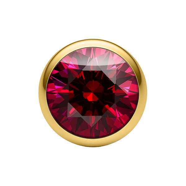 Bola de cristal rojo oscuro en montura dorada sobre fondo blanco