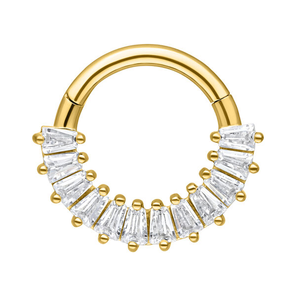 Septum Clicker dorato in acciaio chirurgico con cristalli chiari su sfondo bianco