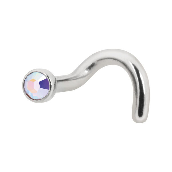 Piercing nasal de titanio plateado con cristal Aurora Boreale sobre fondo blanco