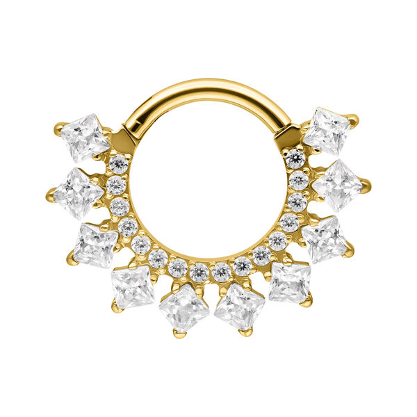 Clicker de septum dorado con piedras de circonita brillantes sobre fondo blanco