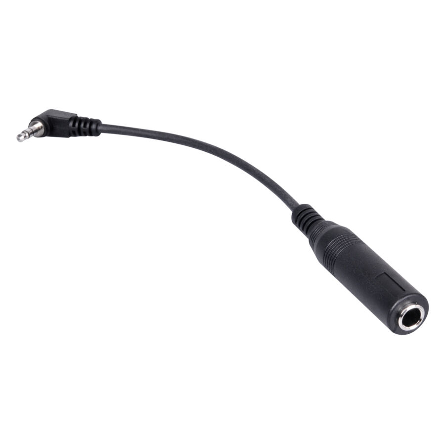 Cable adaptador negro con conector de 3.5mm y enchufe de 6.3mm sobre fondo blanco