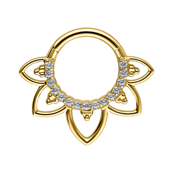 Clicker de septum dorado con diseño de flores y cristales sobre fondo blanco