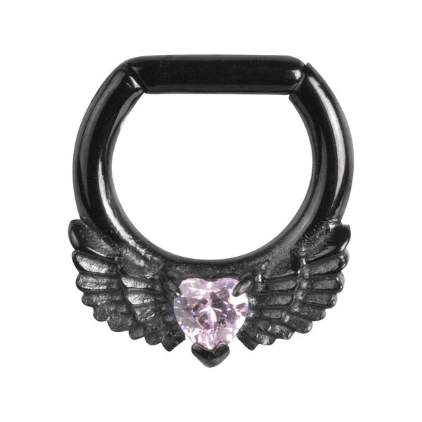 Schwarzer Septum Clicker mit Flügeln und rosa Herz-Kristall auf weißem Hintergrund