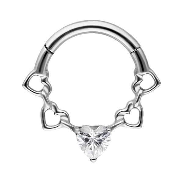 Septum clicker plateado con detalles de corazones y cristales sobre fondo blanco