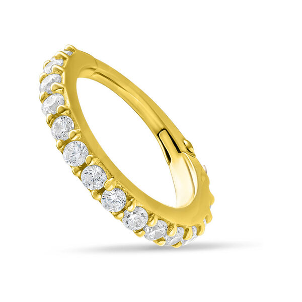 Aro de piercing dorado de 14K con cristales claros sobre fondo blanco