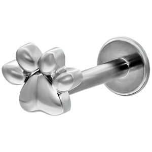 Weißgold Labret mit Kleiner Pfote - 12mm Labret aus Weißgold mit Pfotenmotiv und Push-Fit Verschluss auf weißem Hintergrund