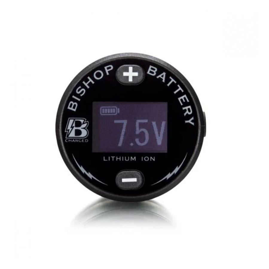 Alimentatore wireless Bishop nero rotondo con display su sfondo bianco