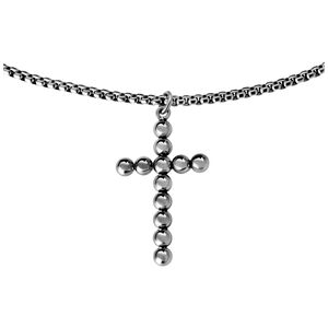Bubble Cross Halskette in Schwarz und Silber Schwarze und silberne Kreuzkette aus Chirurgenstahl auf weißem Hintergrund