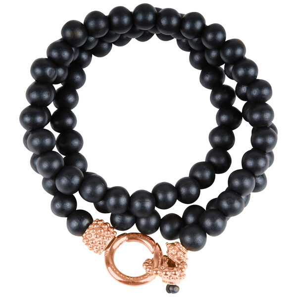 Pulsera negra de madera con cierre rosado dorado, 190 mm de largo