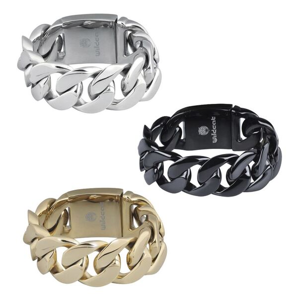 Tres pulseras trenzadas de acero quirúrgico en plata, negro y oro sobre fondo blanco