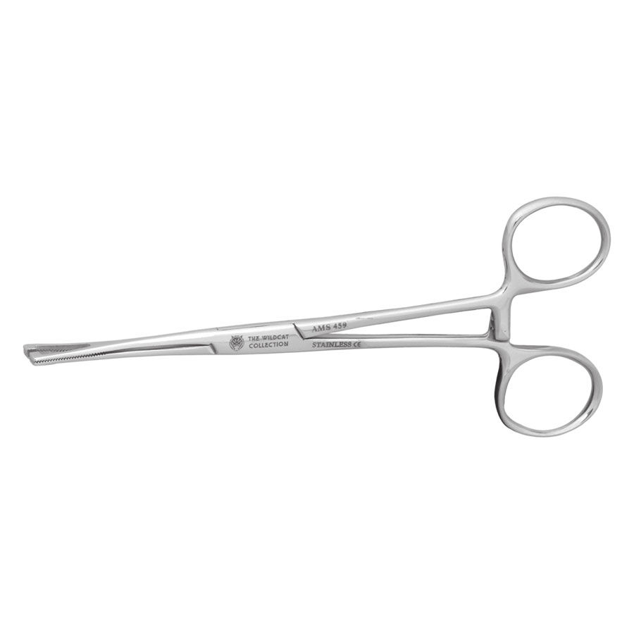Pinza per piercing in acciaio inox argentato con manici dritti su sfondo bianco