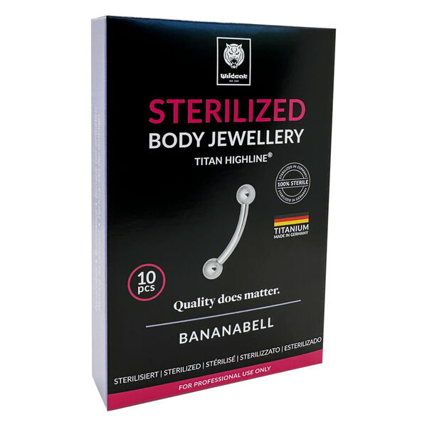 Steriloidun titaani Micro Bananabellin pakkaus hopeakoristeella