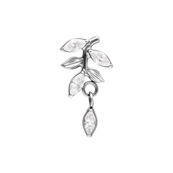 Accessorio a foglia argento con cristalli scintillanti e goccia pendente su sfondo bianco