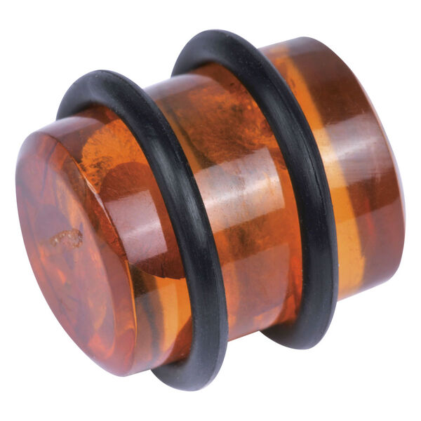Amberfarbener Plug aus Stein mit schwarzem Rand, auf weißem Hintergrund