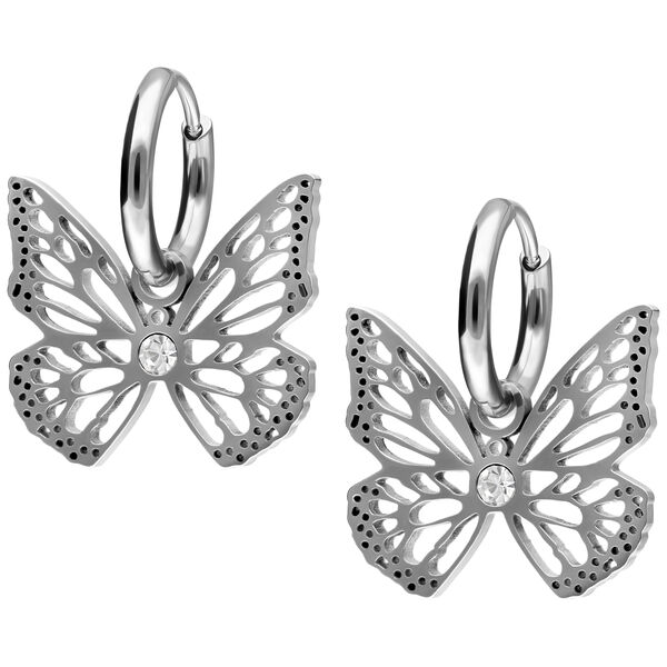 Pendientes de mariposa plateados de acero inoxidable con cristal sobre fondo blanco