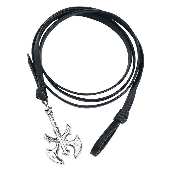 Pulsera de cuero negra con colgante de hacha plateado sobre fondo blanco