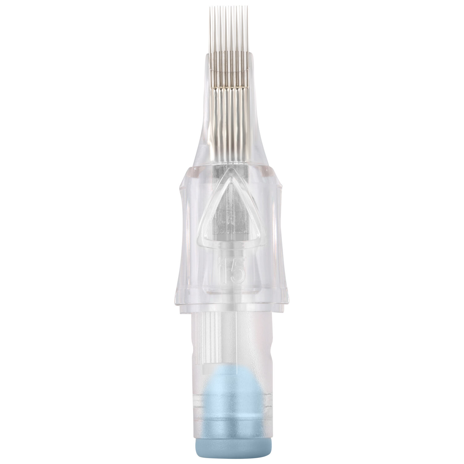 Premium Magnum Long Taper Cartridges 17/0.35 Durchsichtige Tattoo-Nadelkartusche mit 17 Nadeln und blauer Spitze auf weißem Hintergrund