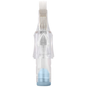 Premium Magnum Long Taper Cartridges 17/0.35 Durchsichtige Tattoo-Nadelkartusche mit 17 Nadeln und blauer Spitze auf weißem Hintergrund