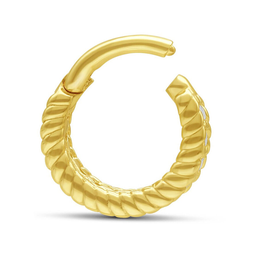 Anello d'oro a scatto con cristalli, design a spirale, sfondo bianco