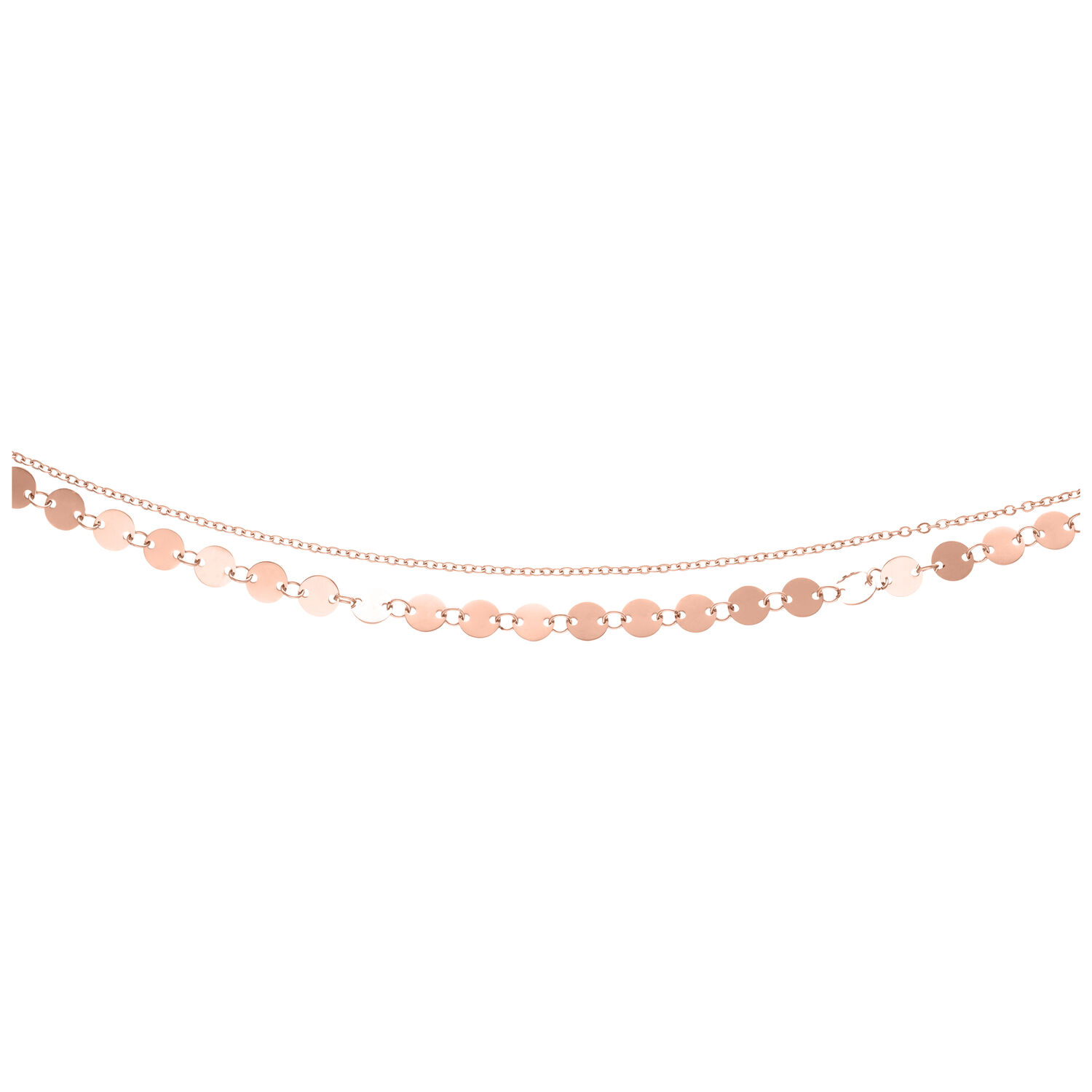 Roségoldene Multilayer Fußkette, verstellbar Roségoldene mehrlagige Fußkette aus Chirurgenstahl auf weißem Hintergrund