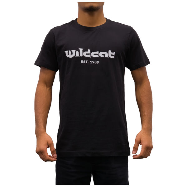 Maglietta unisex nera di Wildcat con stampa logo su sfondo bianco