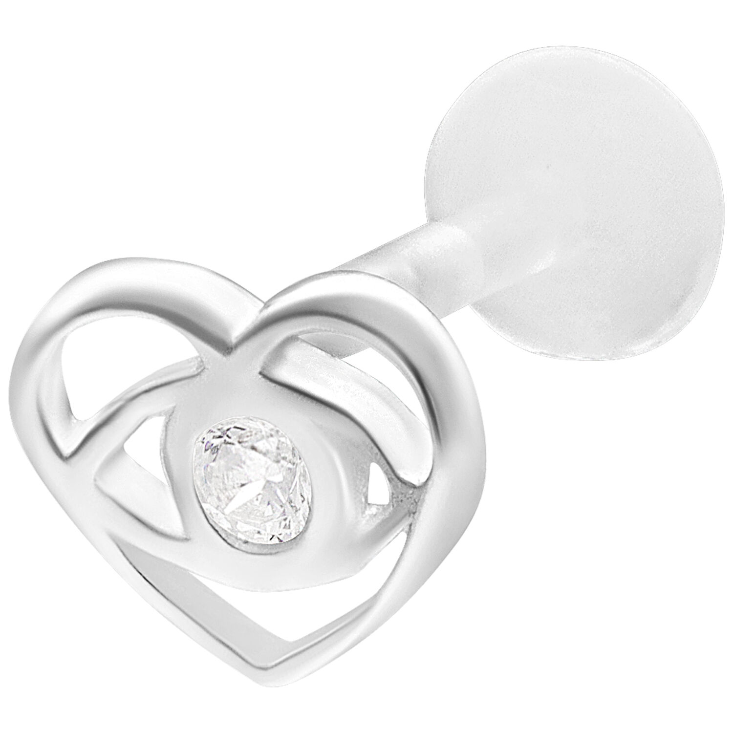Silbernes Labret Piercing mit Herzform und klarem Stein auf weißem Hintergrund