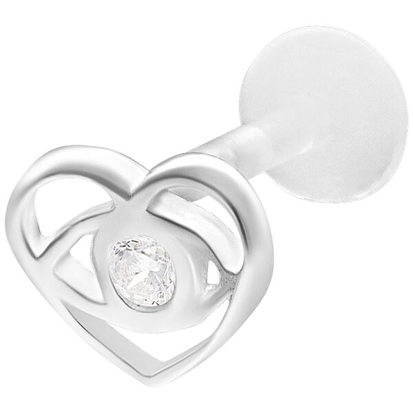 Labret Piercing in argento con forma a cuore e pietra chiara su sfondo bianco