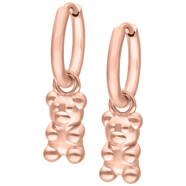 Due orecchini oro rosa con orsetti in gomma pendenti su sfondo bianco