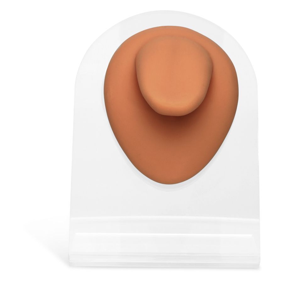 Body Bit Tongue marrone in silicone su display trasparente.