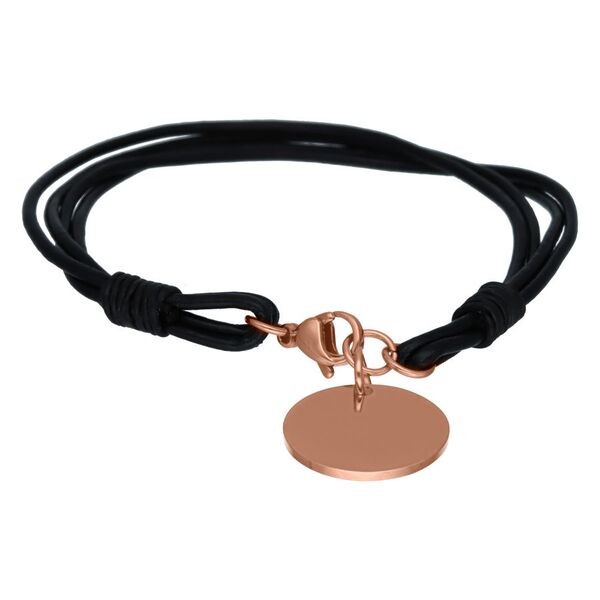 Pulsera de oro rosa con banda negra y placa grabable sobre fondo blanco