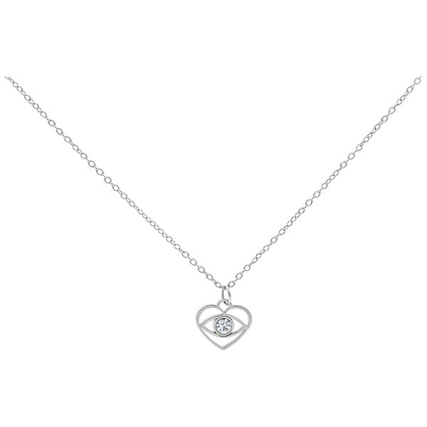 Collar de plata con un pequeño colgante de ojo sobre fondo blanco