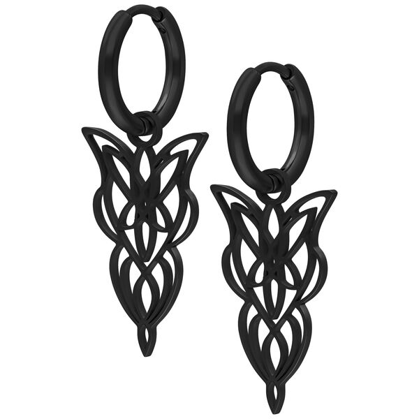 Pendientes negros de acero quirúrgico con diseño delicado sobre fondo blanco