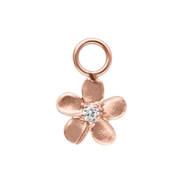 Blumenförmiger Anhänger aus Roségold mit klarem Kristall auf weißem Hintergrund