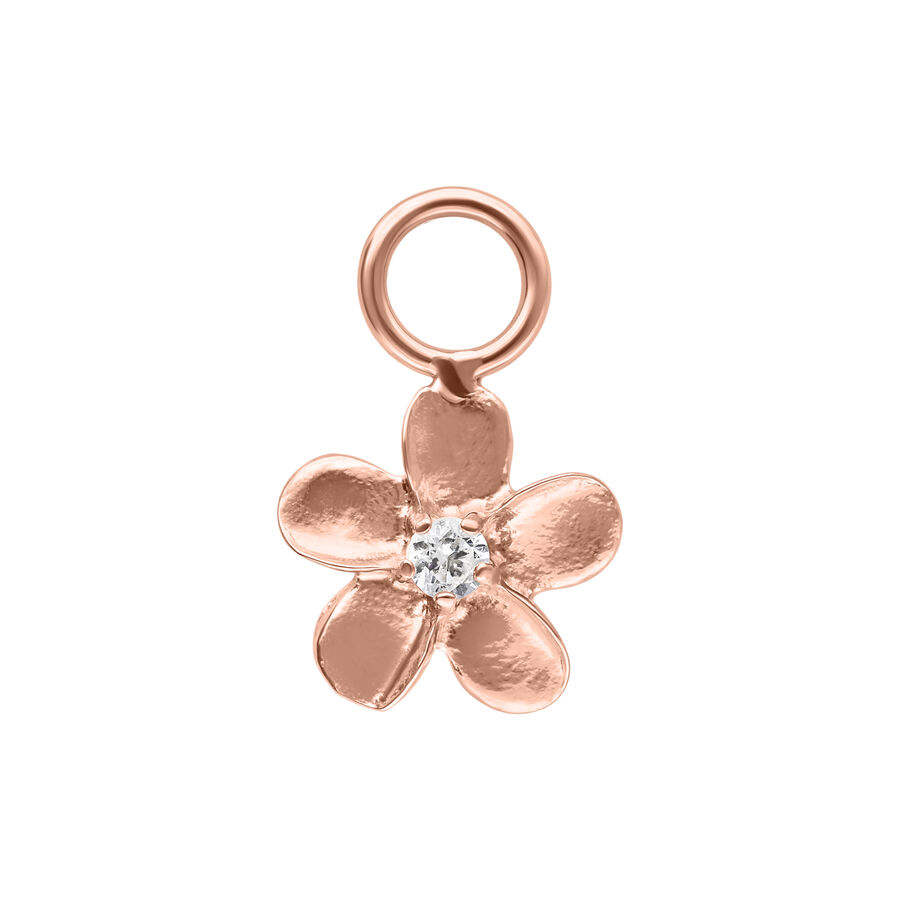 Blumenförmiger Anhänger aus Roségold mit klarem Kristall auf weißem Hintergrund