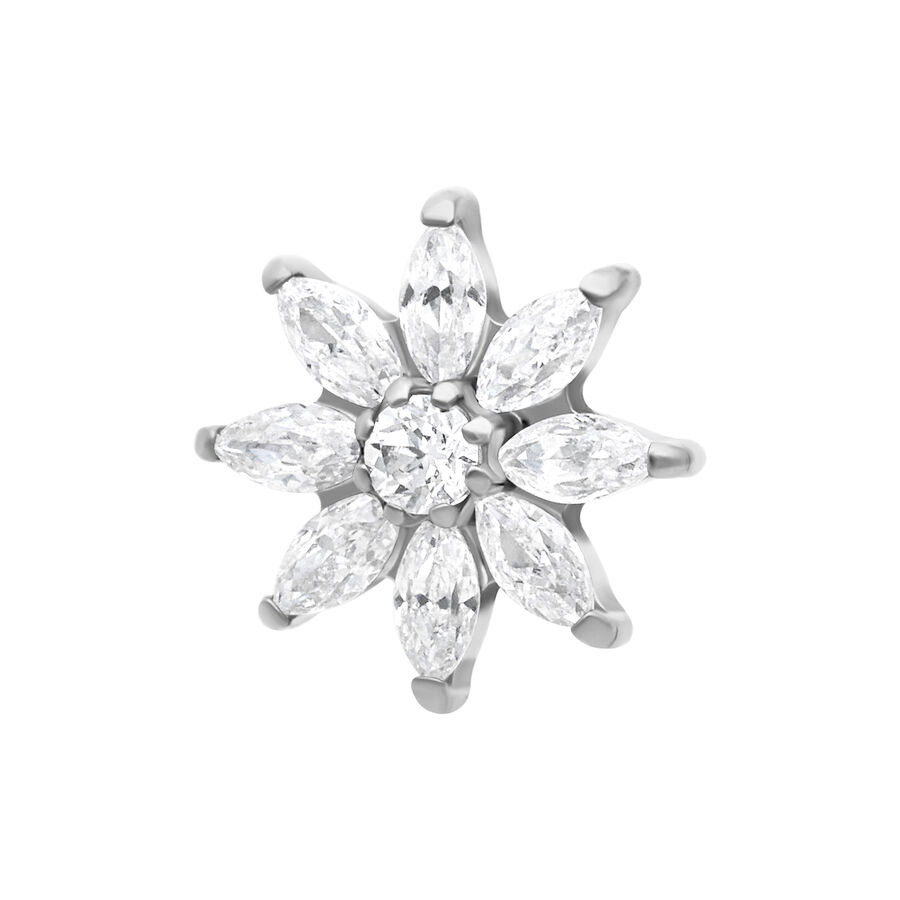 Cristallo Fiore di Ghiaccio in argento con cristalli chiari su sfondo bianco