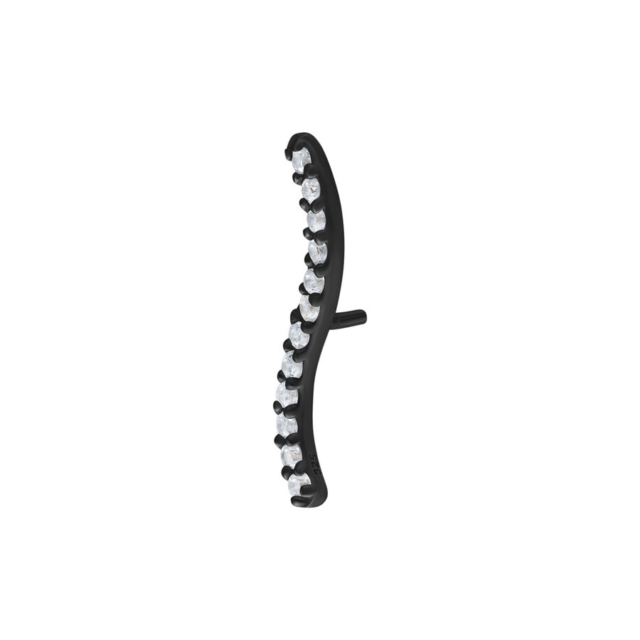 Accessorio in metallo nero con cristalli chiari su sfondo bianco