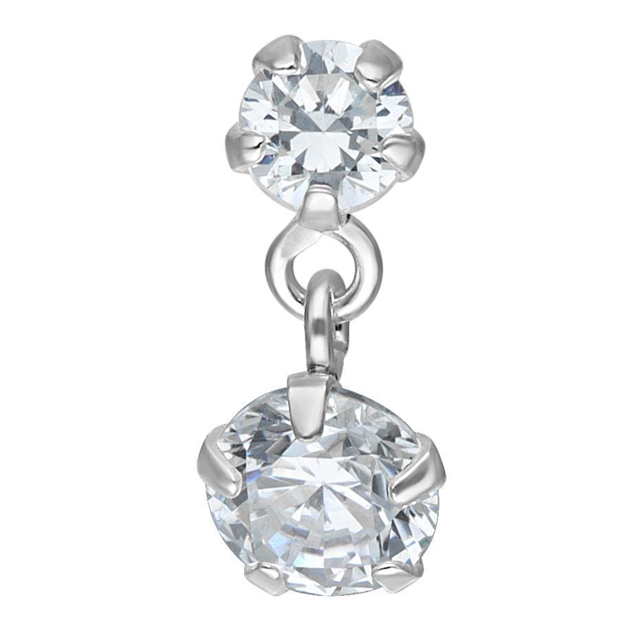 Labret in argento con due cristalli chiari su sfondo bianco