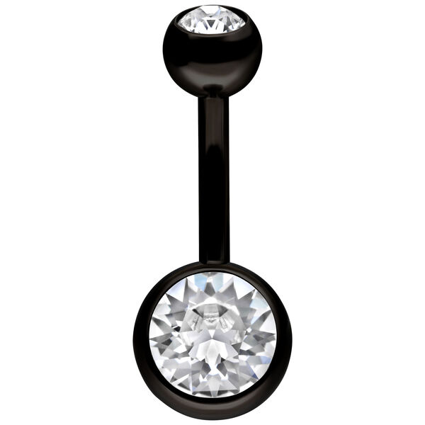 Piercing de ombligo de titanio negro con cristal claro sobre fondo blanco