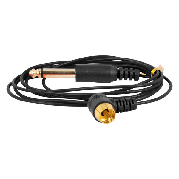 Clipcord RCA negro con conectores dorados sobre fondo blanco
