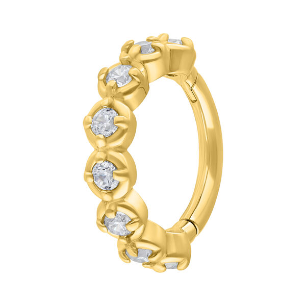 Anillo dorado con bisagra de acero quirúrgico con cristales claros sobre fondo blanco