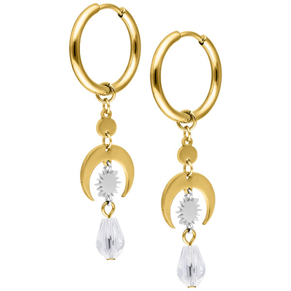 Aros dorados con colgante de cristal y diseño de media luna sobre fondo blanco