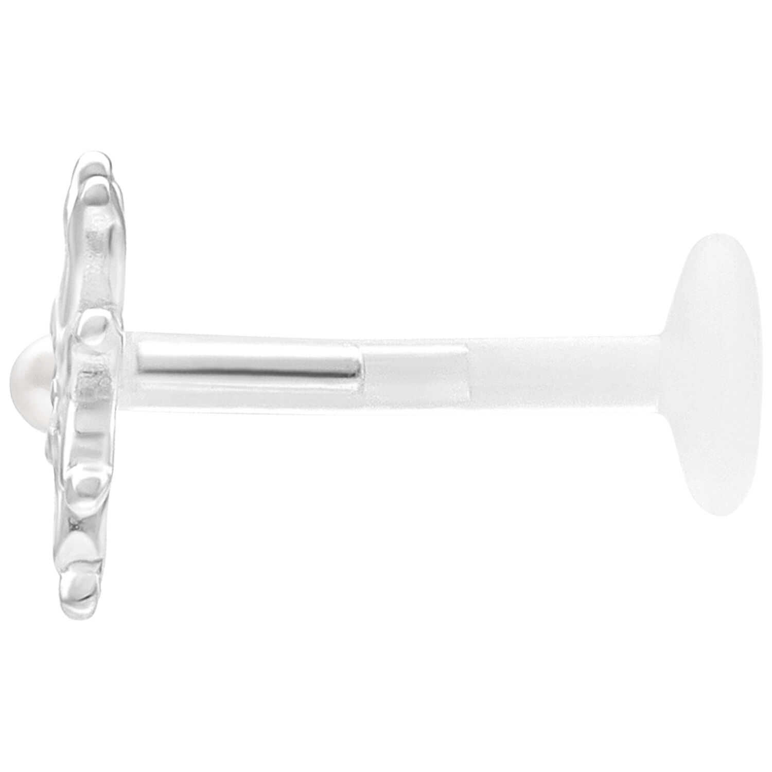 Silbernes Bloom Push Fit Labret Piercing Silbernes Labret Piercing mit Blumenaufsatz auf weißem Hintergrund