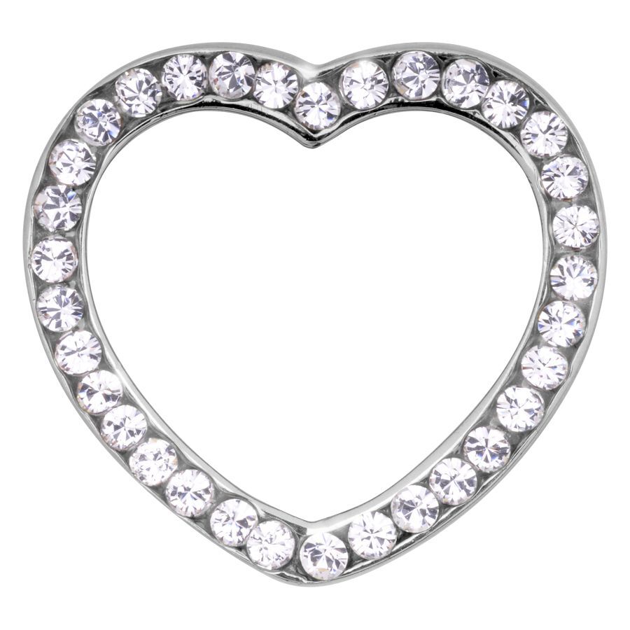 Tunnel a forma di cuore in acciaio chirurgico argento con cristalli chiari, sfondo studio