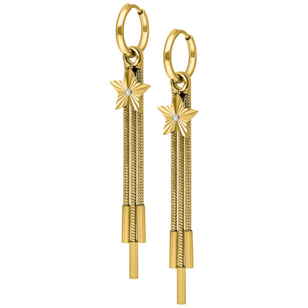 Goldene Ohrringe mit Sternmotiv und glänzender Oberfläche auf weißem Hintergrund