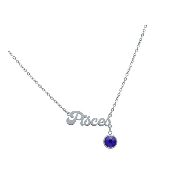Collar plateado con colgante de Piscis y cristal azul sobre fondo blanco