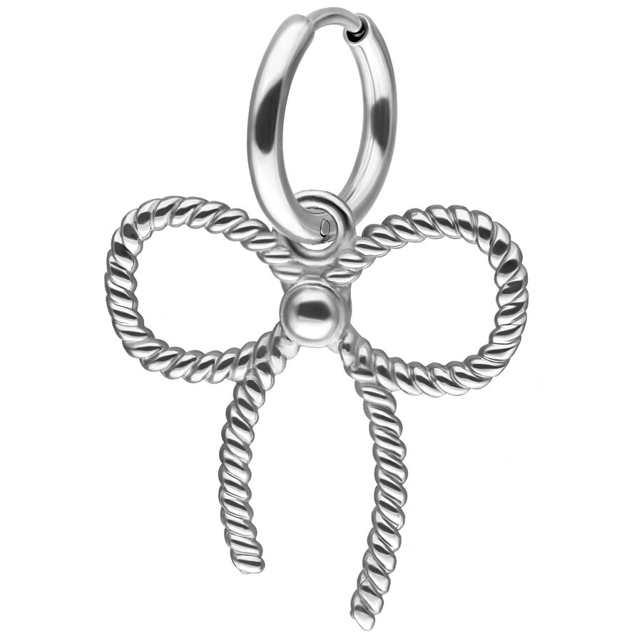 Orecchino in argento con design a fiocco intrecciato su sfondo bianco