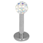 Labret in titanio argento con cristallo Aurora Boreale da 3,0 mm su sfondo bianco