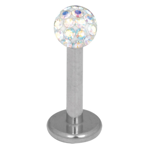 Hopeinen titaanilabret, jossa 3,0 mm Aurora Boreale -kristalli valkoisella taustalla