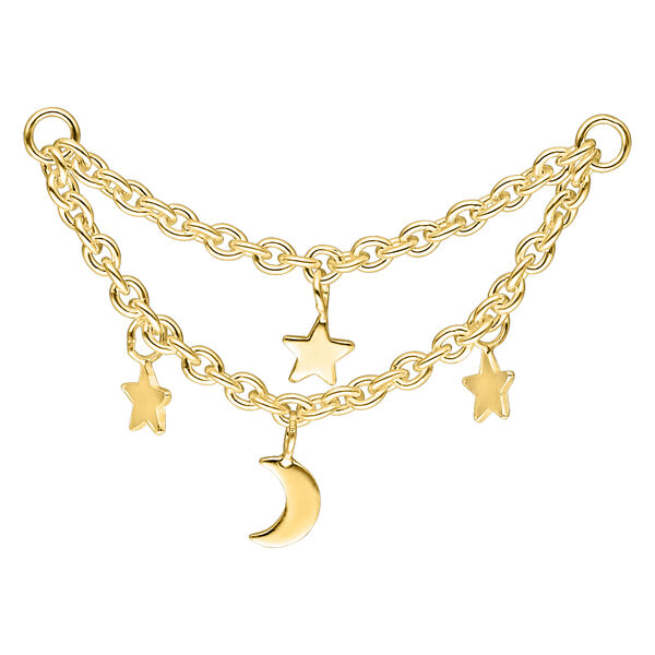 Cadena de piercing dorada con colgantes de luna y estrellas sobre fondo blanco